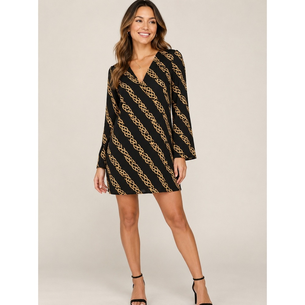 Forever 21 Contemporary Black Gold Chain Link V-Neck Long Sleeve Mini Dress L